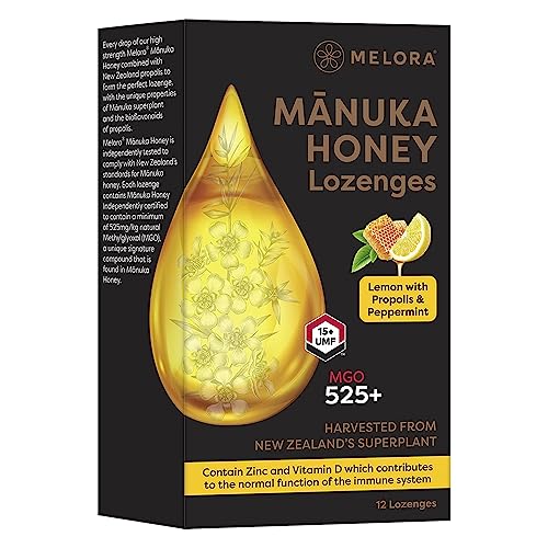 Melora Manuka Honig Lutschtabletten - 525+ MGO - UMF 15 mit Propolis | Natürlich beruhigend zur Linderung bei Halsschmerzen und zur Stärkung des Immunsystems | Zitrone & Pfefferminz von MELORA