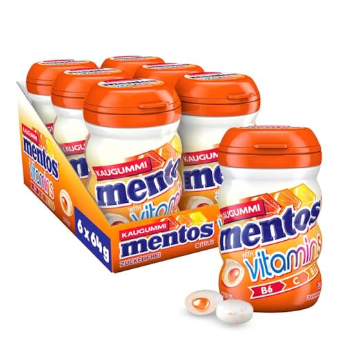 Mentos Kaugummi Vitamins Citrus, 6 Boxen zuckerfreie Chewing Gums mit Citrus-Geschmack, flüssiger Füllung & Vitamin B, B12 & C, Multipack (6 x 64g) von MENTOS