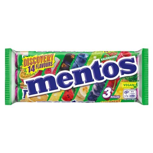 Mentos Dragees Discovery, Optimal-saure Frucht-Bonbons mit 14 Flavours, fruchtig-spritzige Kaubonbons, Optimaligkeiten 3er Pack (3 Rollen), vegan von MENTOS