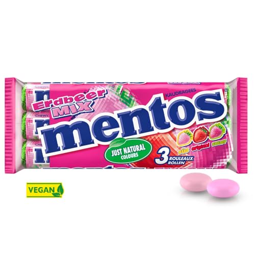 Mentos Dragees Erdbeere-Mix, süß-saure Frucht-Bonbons, fruchtig-spritzige Kaubonbons, Süßigkeiten Multipack, Dreierpack (25 x 3 Rollen), vegan von MENTOS