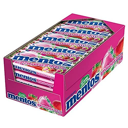 Mentos Dragees Erdbeere-Mix, süß-saure Frucht-Bonbons, fruchtig-spritzige Kaubonbons, Süßigkeiten Multipack, Dreierpack (25 x 3 Rollen), vegan von MENTOS