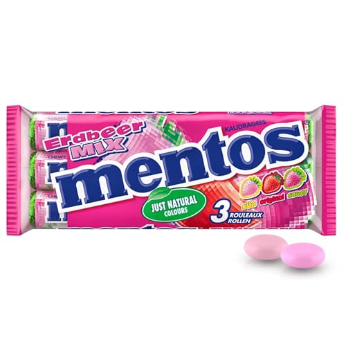 Mentos Kaubonbons Erdbeere-Mix, Frucht-Bonbons mit süßem und saurem Erdbeergeschmack, Süßigkeiten (3 Rollen), vegan Mentos Kaubonbons Erdbeere-Mix, Frucht-Bonbons mit süßem und saurem Erdbeergeschmack, Süßigkeiten (3 Rollen), vegan von MENTOS