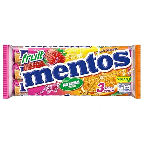 Mentos Fruit Dragees, 3 Rollen Frucht-Bonbons Orange, Zitrone und Erdbeere, Kaubonbons mit fruchtigem Geschmack, Süßigkeiten (3 Rollen à 38g) von MENTOS