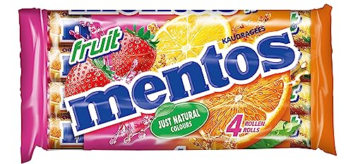 Mentos Fruit Dragees, 4 Rollen Frucht-Bonbons Orange, Zitrone & Erdbeere, Kaubonbons mit fruchtigem Geschmack, Süßigkeiten (4 Rollen), vegan von MENTOS