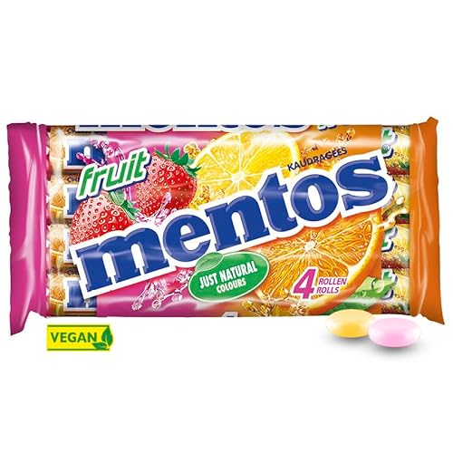 Mentos Fruit Dragees, 4 Rollen Frucht-Bonbons Orange, Zitrone & Erdbeere, Kaubonbons mit fruchtigem Geschmack, Süßigkeiten (4 Rollen), vegan von MENTOS