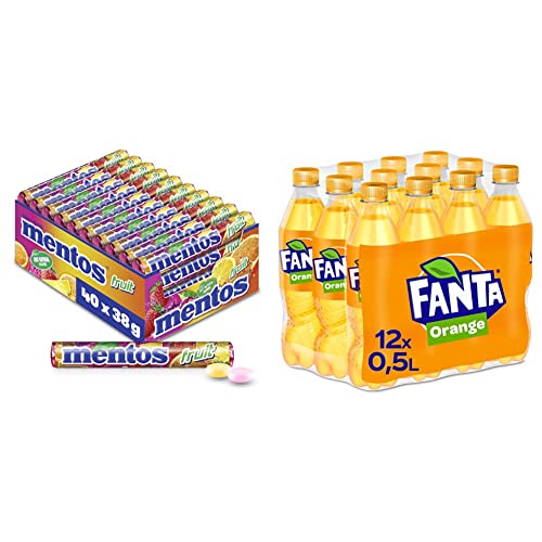 Mentos Fruit Dragees, 40 Rollen Bonbons, Frucht-Geschmack mit Orange + Zitrone + Erdbeere, Multipack Kaubonbons + Fanta Orange, frische Limonade mit Orangengeschmack, EINWEG Flasche (12 x 500 ml) von MENTOS