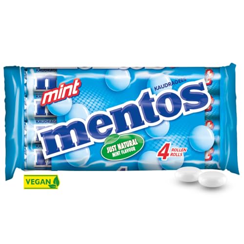 Mentos Kaubonbons Mint, Dragees mit Pfefferminz-Geschmack für frischen Atem, Multipack, Bonbon Vorrats-Packung, Verkaufsdisplay (4 Rollen), vegan von MENTOS