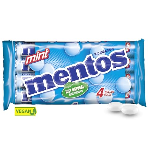Mentos Kaubonbons Mint, Dragees mit Pfefferminz-Geschmack für frischen Atem, Multipack, Bonbon Vorrats-Packung, Verkaufsdisplay (4 Rollen), vegan von MENTOS