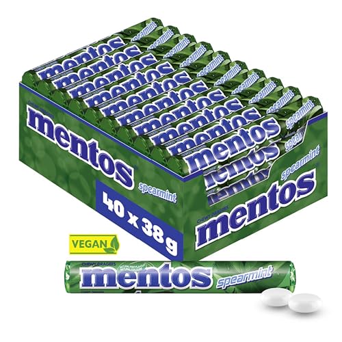 Mentos Kaubonbons Spearmint, Dragees mit Spearmint-Geschmack für frischen Atem, Multipack, Bonbon Vorrats-Packung, Verkaufsdisplay (40 Rollen à 38) von MENTOS