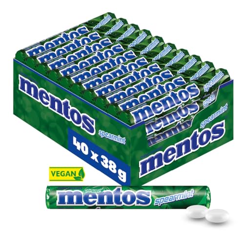 Mentos Kaubonbons Spearmint, Dragees mit Spearmint-Geschmack für frischen Atem, Multipack, Bonbon Vorrats-Packung (40 Rollen), vegan von MENTOS