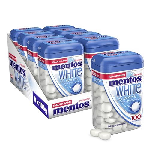 Mentos Kaugummi Always White, 8 XL-Dosen zuckerfreie Chewing Gum Dragees à 100 Stück mit Pfefferminz-Geschmack für strahlendes Lächeln, (8 x 106g) von MENTOS