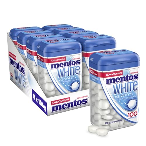 Mentos Kaugummi Always White, 8 XL-Dosen zuckerfreie Chewing Gum Dragees à 100 Stück mit Pfefferminz-Geschmack für strahlendes Lächeln, (8 x 106g) von MENTOS