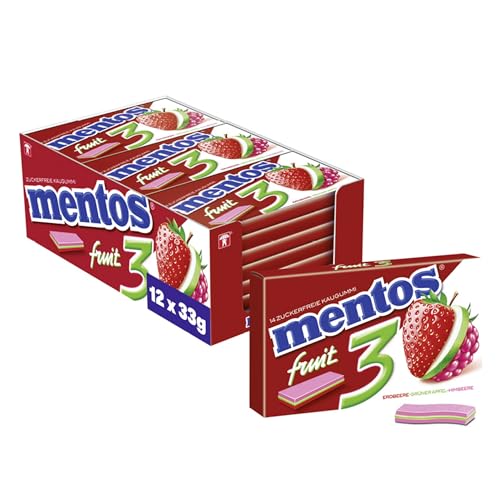 Mentos Kaugummi Fruity Fresh Erdbeere - Grüner Apfel - Himbeere, 12er Pack zuckerfreie Chewing Gum Dragees mit Frucht-Geschmack, Multipack (12 x 14 Stück) von MENTOS