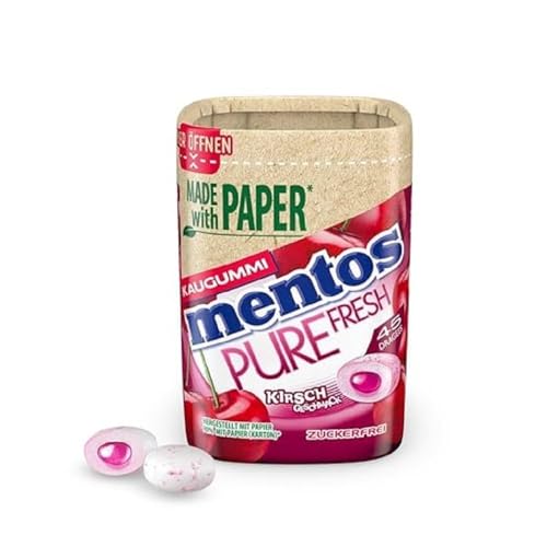 Mentos Kaugummi Pure Fresh Cherry, Papierbox mit zuckerfreien Chewing Gum Dragees mit Kirsch-Geschmack & flüssiger Füllung, 1 x 90g von MENTOS