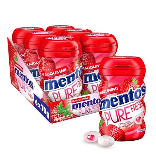 Mentos Kaugummi Pure Fresh Erdbeere, 6 Boxen zuckerfreie Chewing Gum Dragees mit Erdbeer-Geschmack & flüssiger Füllung, Multipack (6 x 70g) von MENTOS
