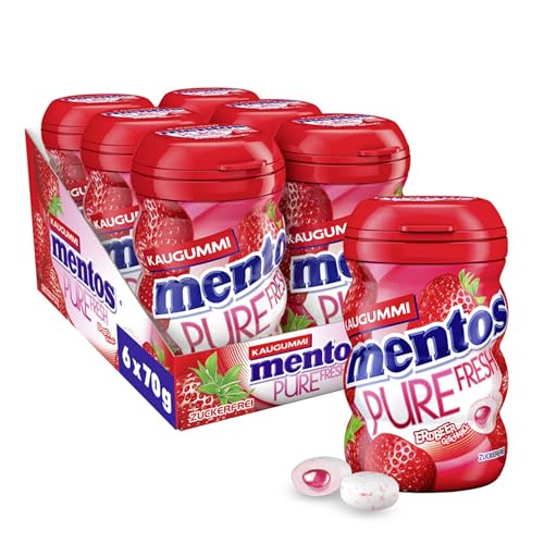 Mentos Kaugummi Pure Fresh Erdbeere, 6 Boxen zuckerfreie Chewing Gum Dragees mit Erdbeer-Geschmack & flüssiger Füllung, Multipack (6 x 70g) von MENTOS