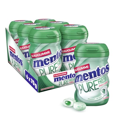 Mentos Kaugummi Pure Fresh Spearmint, 6 Boxen zuckerfreie Chewing Gum Dragees mit Spearmint-Geschmack & flüssiger Füllung, Multipack (6 x 70g) von MENTOS