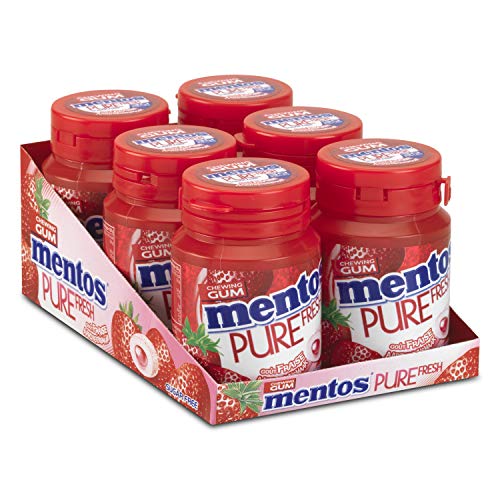 Mentos Pure Fresh Strawberry, zuckerfreier Kaugummi - 6er-Packung mit 30 Gläsern Kaugummi, Erdbeergeschmack mit Grüntee-Extrakt von MENTOS