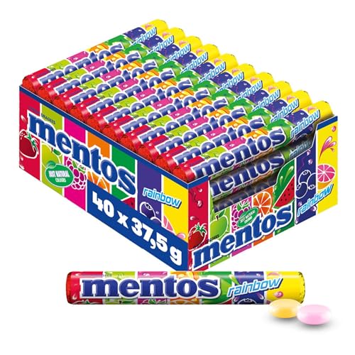 Mentos Rainbow Dragees, Frucht-Bonbons mit Orange, Erdbeer, Apfel, Heidelbeere, Himbeere, Melone & Grapefruit Geschmack, Süßigkeiten Multipack (40 Rollen), vegan von MENTOS