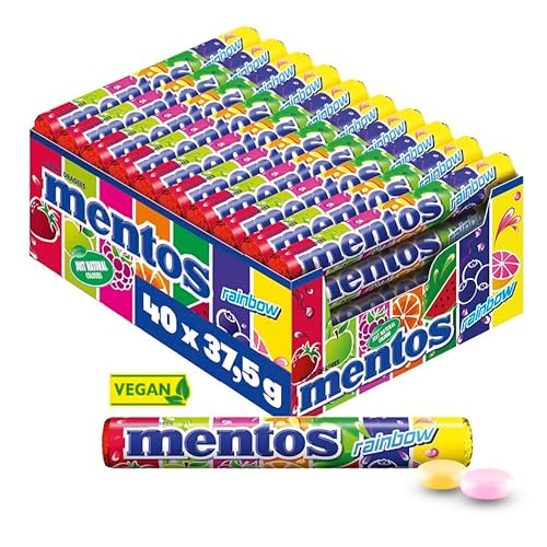 Mentos Rainbow Dragees, Frucht-Bonbons mit Orange, Erdbeer, Apfel, Heidelbeere, Himbeere, Melone & Grapefruit Geschmack, Süßigkeiten Multipack (40 Rollen), vegan von MENTOS