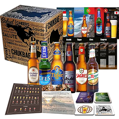 6x Biere der Welt von MGB24 + Geschenk für Mann + 4 Bierdeckel+ Produktbeschreibungen von MGB24