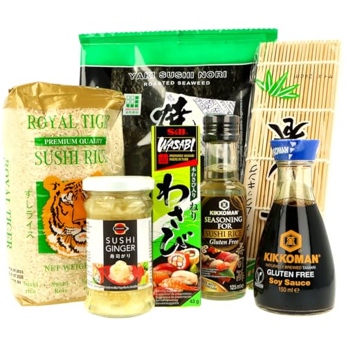 Premium Sushi-Making Set - 7 Teile - Kikkoman Sojasauce und Sushi Seasoning (beide Glutenfrei), S&B Wasabi, Royal Tiger Sushi Reis, geröstete Yaki Nori Blätter, 24cm Bambus Sushi-Matte zum rollen von MIGASE