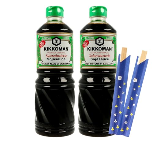 Salzreduzierte (Less Salt) Sojasaucen von Kikkoman im 2x975ml Sparpack inklusiv einem 2er Set Chopsticks von MIGASE