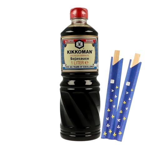 Sojasauce Original von Kikkoman im 1 Liter Sparpack inklusiv einem 2er Set Chopsticks von MIGASE