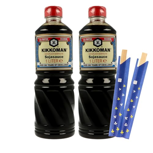 Sojasaucen Original von Kikkoman im 2 Liter Sparpack inklusiv einem 2er Set Chopsticks von MIGASE