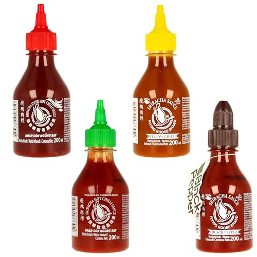 Sriracha 4er Set - 4x200ml, Original, Black Pepper, Yellow Chili, Super Hot von MIGASE