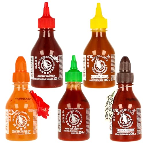 Sriracha Set Fünferpack 5x200ml, Sweet Chilli Mayo, Original, Black Pepper, Yellow Chili, Super Hot Sriracha Set Fünferpack 5x200ml, Sweet Chilli Mayo, Original, Black Pepper, Yellow Chili, Super Hot von MIGASE