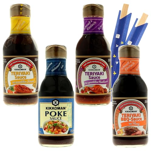 Teriyaki Saucen in verschiedenen Geschmacksrichtungen. 4er Set,je 250ml mit Honig, Sesam, Knoblauch und Ponzu + 2 Chopsticks Teriyaki Saucen in verschiedenen Geschmacksrichtungen. 4er Set,je 250ml mit Honig, Sesam, Knoblauch und Ponzu + 2 Chopsticks von MIGASE