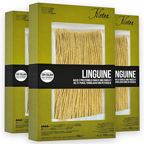3 Packungen Set Nudeln LINGUINE AGLIO & PREZZEMOLO von Filotea Pasta, Linguine mit Knoblauch und Petersilie (3x 250g) von MIJOMA
