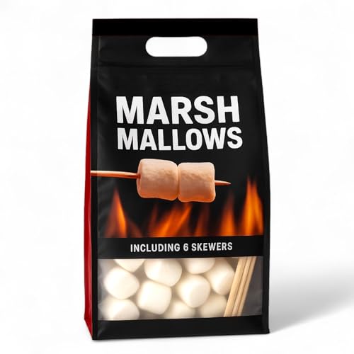 BBQ Marshmallows - Barbecue Süßigkeitsschmaus - Flauschig, Fettfrei und Glutenfrei - Schaumzucker-Süßigkeit für Lagerfeuer-Erlebnisse, Schoko-Fondue oder Backspaß - je Beutel mit 6 Holzstäben (1x250g) von MIJOMA