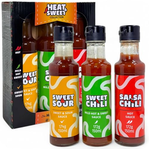 MIJOMA Grillsaucen Set – 3x150ml Chillisauce in plastikfreier Geschenkbox – vegan, halal, glutenfrei – Sweet & Sour, Salsa & Sweet – BBQ-Set für Chili-Fans & Genießer. 518g/450ml von MIJOMA