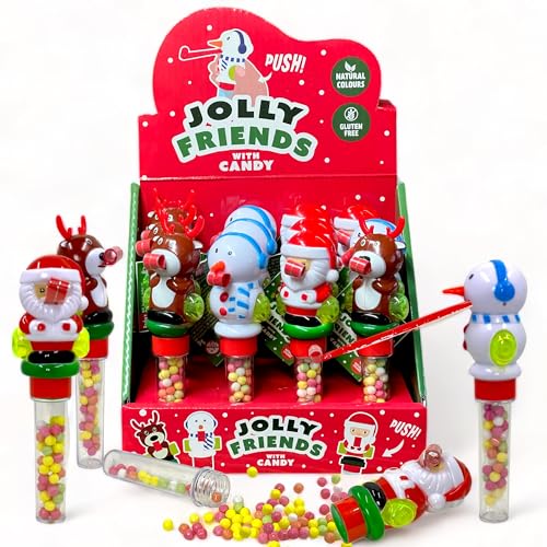 MIJOMA Jolly Friends Weihnachts-Candy Set - 12 Lustige Figuren mit Traubenzucker-Kügelchen & Luftrüssel, Weihnachtssüßigkeiten Weihnachtsspaß, Weihnachtsmann, Rentier und Schneemann, 12x7g von MIJOMA