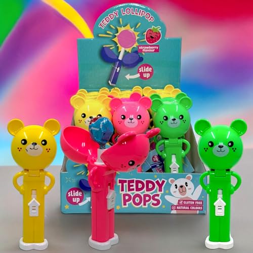 MIJOMA Teddy Pops: Süße Bären Lollipop-Halter mit Erdbeerlutscher, Wiederverwendbar, 12er Set, Buntes Kindergeburtstag Zubehör von MIJOMA