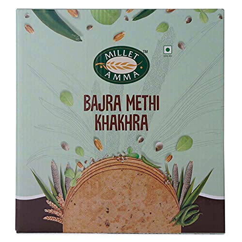 MILLET AMMA Bajra Methi Khakhra–2er-Pack (je 180 g), gebacken, ohne Zusatz von Konservierungsstoffen, voller Ballaststoffe, 70 % Hirseanteil, verzehrfertig, Hirsesnacks, gesunde Lebensmittel von MILLET AMMA