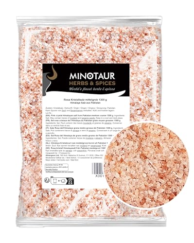 Minotaur Salt | Rosa Kristallsalz 2 x 1300 g (2,6 Kg) | Mittelgrobes Himalaya Salz aus Pakistan für die Salzmühle | 100 % Naturrein, Unbehandelt | Pink Salt von MINOTAUR