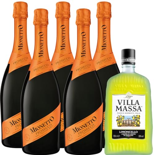 Villa Massa Limoncello 30% vol 0,7 l & 5 x Mionetto Prosecco D.O.C. Treviso Brut Prestige (Spumante) - Perfekt für den Cocktail Limoncello Spritz von MIONETTO
