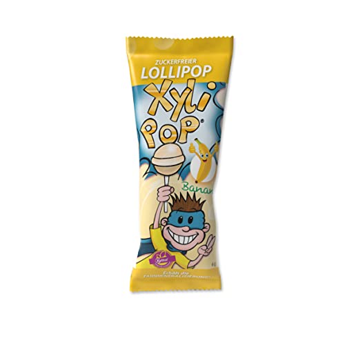 miradent XyliPOP® Banane Bonboniere 25x 6g einzeln verpackt | zuckerfreier Lollipop mit Xylit gesüßt | zahnmineralisierend | fruchtiger Geschmack | ohne Aspartam, Sorbitol, Laktose, Gluten | vegan von miradent