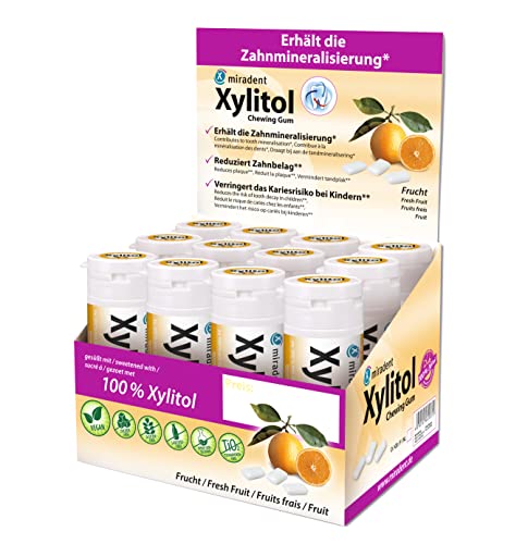 miradent Xylitol Zahnpflegekaugummi Fresh Fruit Display 12 St. | fruchtiger Geschmack | zuckerfrei | vegan | kariespräventiv | für unterwegs von miradent