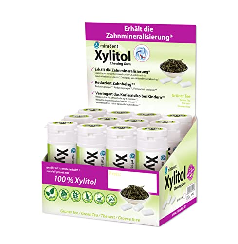 miradent Xylitol Zahnpflegekaugummi Grüner Tee Display 12 St. | erfrischender Geschmack | zuckerfrei | vegan | kariespräventiv | ohne Aspartam, Sorbitol, Laktose, Titanium Dioxid | für unterwegs von miradent