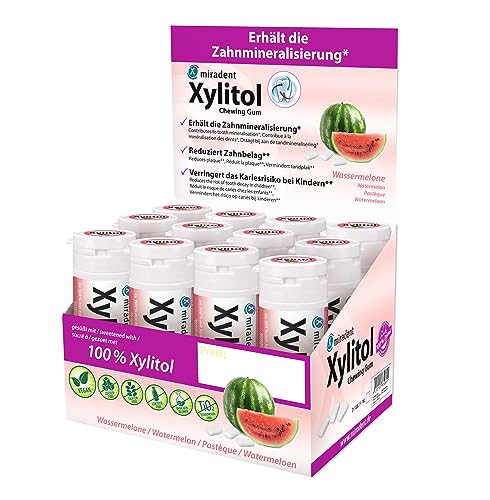 miradent Xylitol Zahnpflegekaugummi Wassermelone Display 12 St. | fruchtiger Geschmack | zuckerfrei | vegan | kariespräventiv | ohne Aspartam, Sorbitol, Laktose, Titanium Dioxid | für unterwegs von miradent