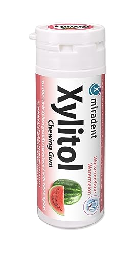 miradent Xylitol Zahnpflegekaugummi Wassermelone Dose 30 Stück (1 x 30 g) | fruchtiger Geschmack | zuckerfrei | vegan | kariespräventiv| für unterwegs von miradent