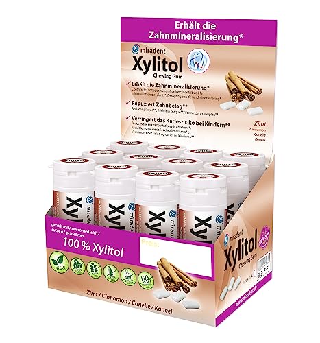 miradent Xylitol Zahnpflegekaugummi Zimt Display 12 St. | würziger Geschmack | zuckerfrei | vegan | kariespräventiv | ohne Aspartam, Sorbitol, Laktose, Titanium Dioxid | für unterwegs von miradent