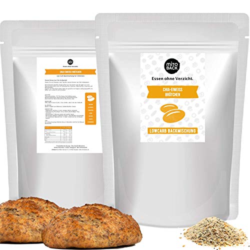 MITOBACK - Chia-Brötchen Backmischung 100g - Eiweißbrötchen: Glutenfrei, Hefefrei, Sojafrei, ohne Konservierungsmittel - Proteinreiche und Ballaststoffreiche Fitness Brötchen bei Diabetes & Zöliakie von MITOBACK