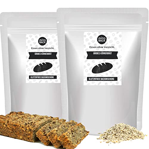 MITOBACK - Grobes Körnerbrot Brotbackmischungen 2er Set á 350 g - Glutenfreies Eiweiß Brotbackmischung - Eiweißbrot: Glutenfrei, Vegan & Sojafrei - Mehrkornbrot Backmischung für Fitness Ernährung von MITOBACK