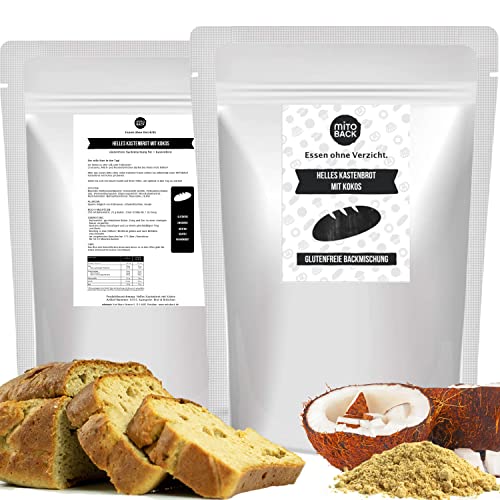 MITOBACK - Helles Kastenbrot mit Kokos Brotbackmischungen á 151 g - Glutenfreie Eiweiß Brotmischung als Eiweißbrot: Fitnessbrot Mischung Glutenfrei, Hefefrei & Sojafrei ideal bei Diabetes & Zöliakie von MITOBACK