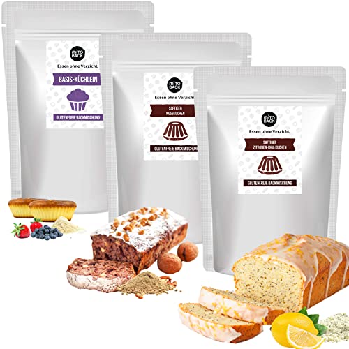 MITOBACK - 3er Set Kuchen Backmischung aus: 1 x Saftiger Zitronen-Chia Kuchen, 1 x Nusskuchen und 1 x Basis-Küchlein - Kuchenbackmischung im Probierset: Glutenfrei, Eiweißreich bei Diabetes & Zöliakie von MITOBACK